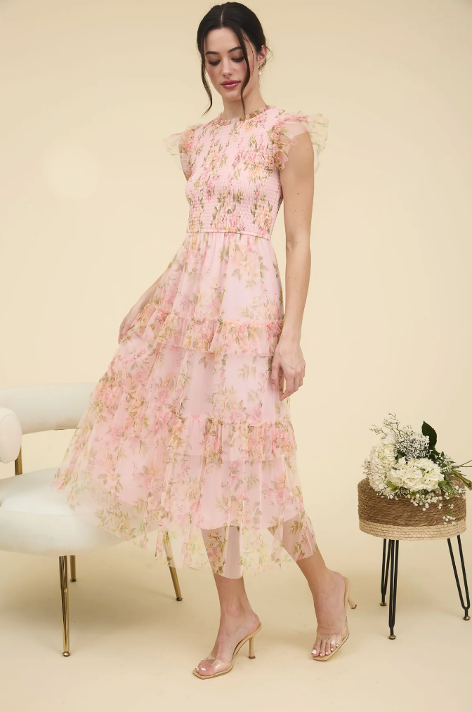 Clementine Tulle Midi Dress - Pink